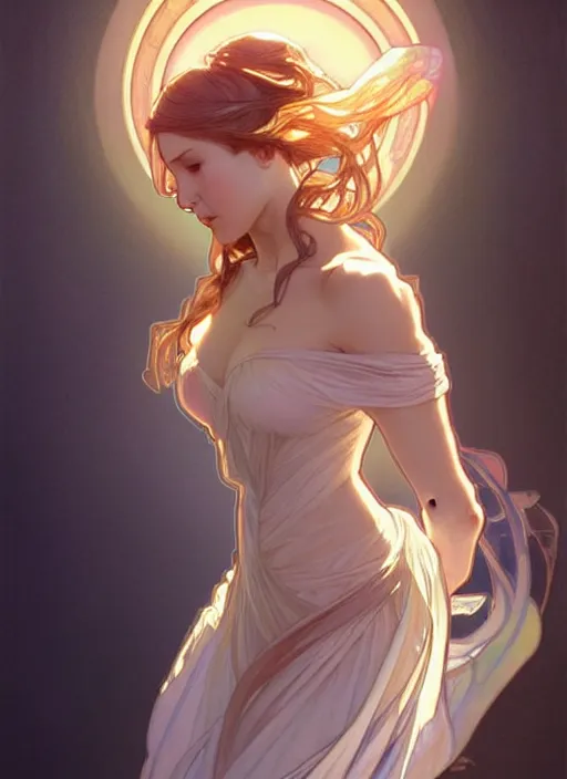 Image similar to digital character concept art by artgerm and greg rutkowski and alphonse mucha. clear portrait of a modern young wife blessed by god to unstoppably grow more perfect and fertile!! blonde, in clothes! holy full - figure! light effect. hyper detailed, glowing lights!! intricate, elegant, digital painting, artstation, smooth, sharp focus