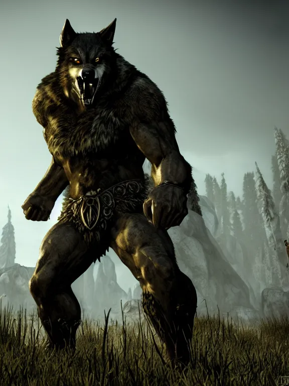 Image similar to cute handsome cuddly burly surly relaxed calm timid werewolf from van helsing unreal engine hyperreallistic render 8k character concept art masterpiece screenshot from the video game the Elder Scrolls V: Skyrim