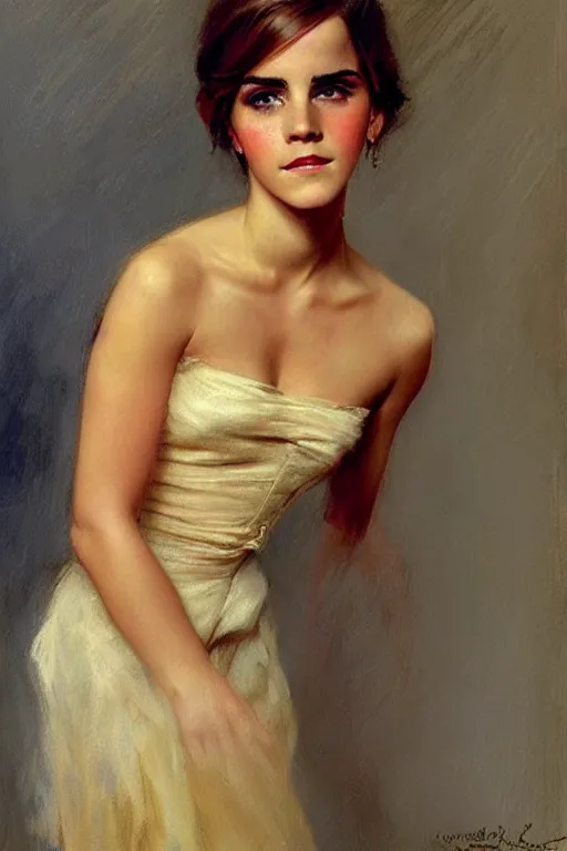 Image similar to detailed portrait of a beautiful emma watson 1 9 6 0 s hairstyle muscular, painting by gaston bussiere, craig mullins, j. c. leyendecker