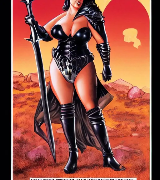 Image similar to 1 9 8 0 s fantasy novel book cover, bbw plus size amazonian emma stone in extremely tight bikini armor wielding a cartoonishly large sword, exaggerated body features, dark and smoky background, low quality print