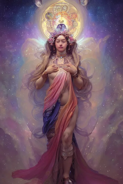 Image similar to Full view realistic Celestial Goddess of cosmic nebula in a beautiful dress, 4k digital illustration by Mandy Jurgens and Ruan Jia, ornate Iconography background in the style of Alphonse Mucha, tarot card, stunning portrait, amazing magnificent mystical illustration, award winning art, detailed and realistic, soft lighting, intricate details, realistic, full view, Artstation, CGsociety