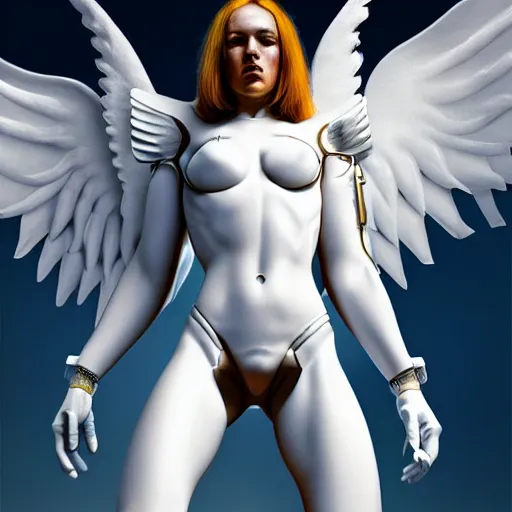 Prompt: white cyborg - angel in the blood, hyperrealism, no blur, 4 k resolution, ultra detailed, style of syd mead, giovanni battista piazzetta, thomas kinkad, alexander trufanov, kezie demessance