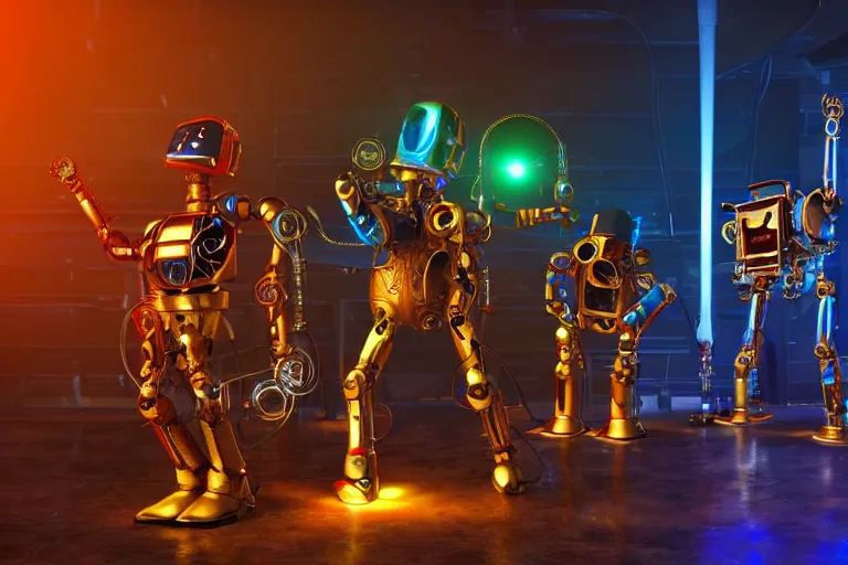 Prompt: scene from the voice of america, on stage are 4 golden and blue metal humanoid steampunk robots dancing, robots are wearing and gears and tubes, eyes are glowing red lightbulbs, shiny crisp finish, 3 d render, 8 k, insaneley detailed, fluorescent colors, nightlight