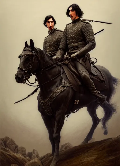 Image similar to painting of john oliver and adam driver together, riding horse, stoic, full body, military uniform, fantasy, intricate, elegant, beautiful, highly detailed, charcoal, centered, dark, smokey, digital painting, artstation, concept art, smooth, sharp focus, illustration, art by artgerm and greg rutkowski and alphonse mucha