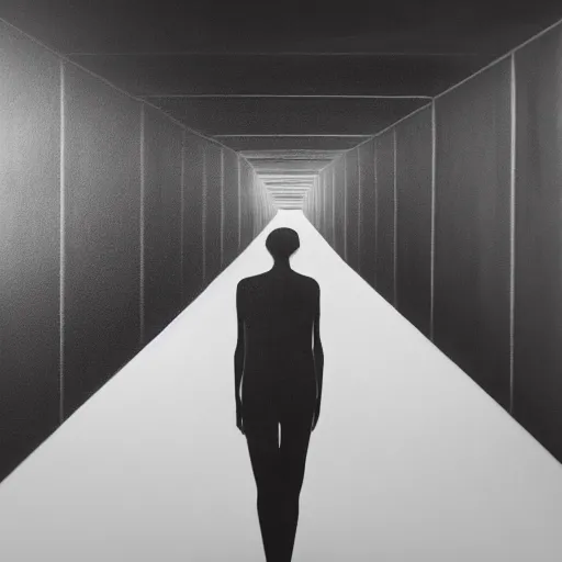 Prompt: a solemn simulacrum, standing inside an infinite corridor, trending on artstation, abstract black and white painting, masterpiece, a solemn simulacrum