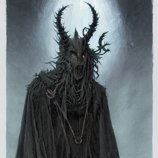 Prompt: concept art of a ancient magus, fae, white skulled creature with black fur, elegant, tendrils, forest, heavy fog, fantasy, wayne barlowe