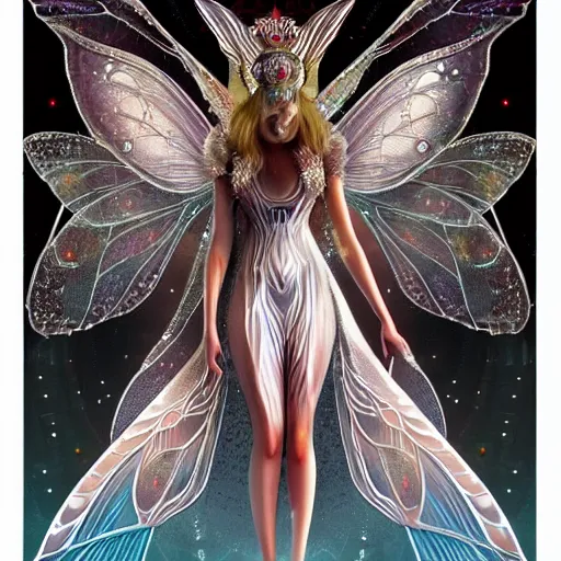 Prompt: realistic illustration of a beautiful art deco faerie queen with glowing eyes, moth wings with geometric patterns, reflective detailed textures, highly detailed dark fantasy science fiction painting, silver and cool colors, artstation