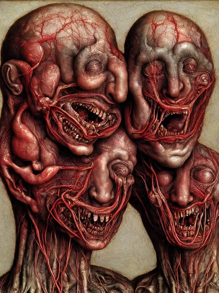 Image similar to siamese twins made of veins, looking into camera, laughing, by giuseppe arcimboldo and ambrosius benson, renaissance, intricate and intense oil paint, a touch of beksinski and hr giger and edward munch, realistic