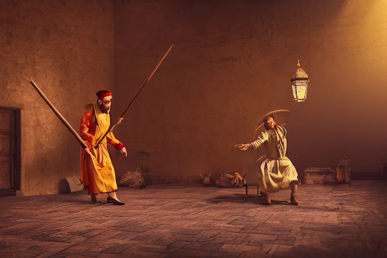 Image similar to theatre stage, romanian man in traditional romanian clothing with scythe, people, traditional romanian clothing, heystack, concept art, dramatic lighting, beautiful, volumetric lighting, colorful, octane render