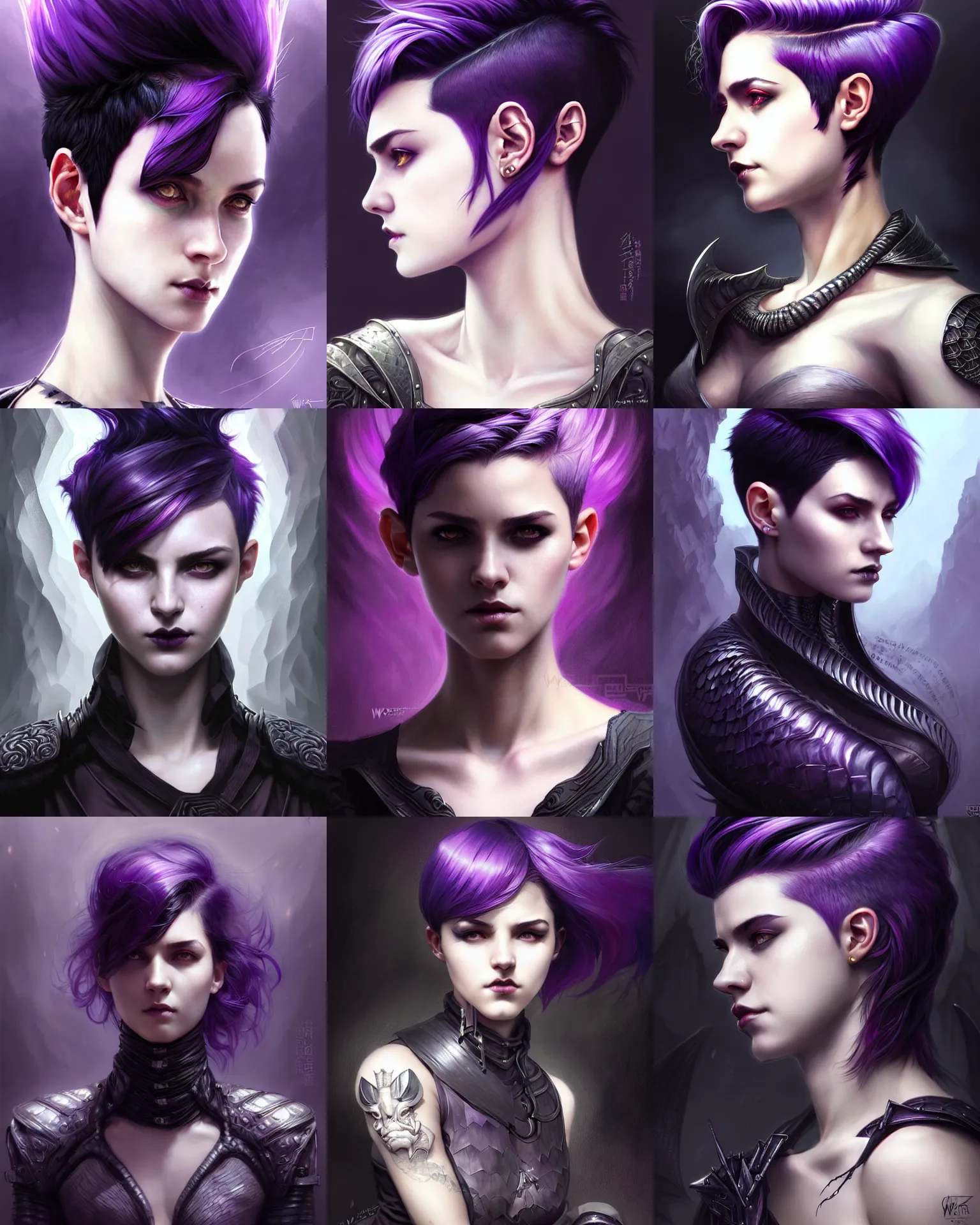 Prompt: portrait rugged girl, dark supervillain, dragon scales, pixie undercut hairstyle, black to purple fade hairstyle, fantasy magic, dark light night, intricate, elegant, sharp focus, illustration, highly detailed, digital painting, concept art, matte, art by WLOP and Artgerm and Greg Rutkowski and Alphonse Mucha, masterpiece, Refined, upscaled