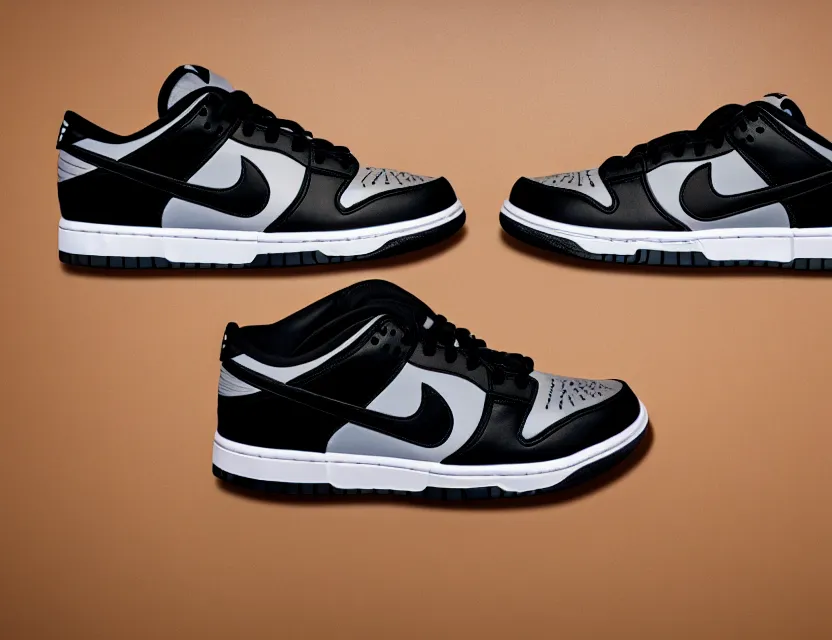 Image similar to a press photograph of nike dunk low black and white, size 1 0, white background
