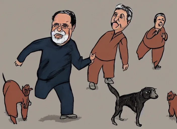 Image similar to Luis Inácio Lula da Silva with prison clothes, running scared from dogs, cartoon drawing