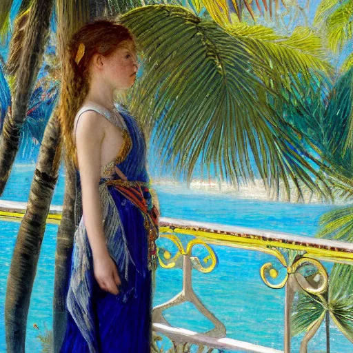 Image similar to a ultradetailed beautiful painting of a girl in the amazonas palace balustrade designed by jules bastien - lepage, hans belmer, frank weston and gustave baumann, beach, trending on artstation, mediterranean, palm trees, refracted color sparkles, sharp focus, soft light, 8 k 4 k