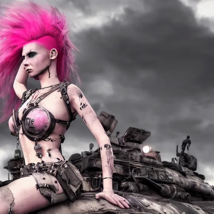 Image similar to beautiful apocalyptic woman with pink Mohawk, posing on mad max panzer tank, 4k ultra hd, fantasy dark art, artstation, octane render