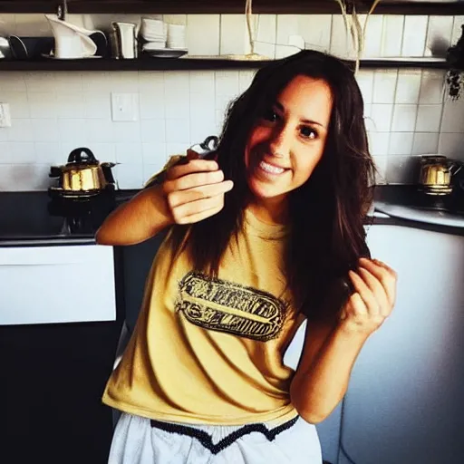 Prompt: an instagram photo of a brunette female, young, athletic, australian, wearing a gold tshirt in a kitchen