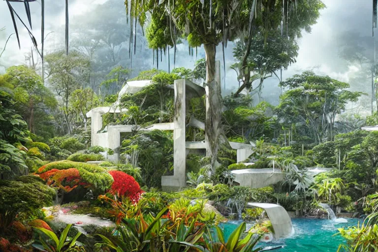 Prompt: brutalist white Aztec structures, manicured garden of eden, vivid pools and streams, tropical foliage, bromeliads, azaleas, Japanese maples, birds, sculpture gardens, Winter, by Jessica Rossier and Brian Froud