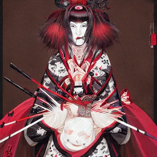 Image similar to an epic portrait of insane kabuki wielding a spear, magical aura of insanity, intricate hakama, poofy red wig, eerie, highly detailed, dark fantasy, art by artgerm and greg rutkowski