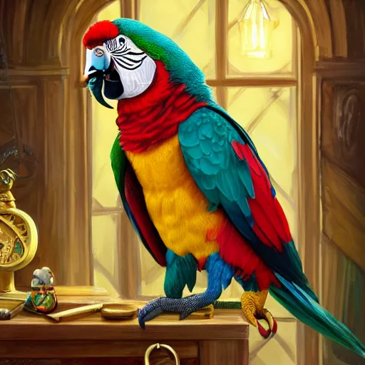 Prompt: Anthropomorphized parrot trader in his shop, selling his wares, portrait, items, gold, carpet, window, sly expression , cunning expression, cute expression, presenting wares, holding a gold bag, D&D, fantasy, cinematic lighting, highly detailed, digital painting, artstation, concept art, smooth, sharp focus, illustration, warm light, cozy warm tint, magic the gathering artwork, volumetric lighting, 8k, art by Akihiko Yoshida, Greg Rutkowski