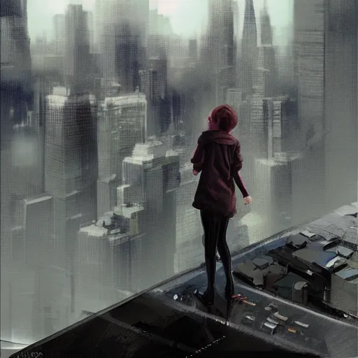 Prompt: “ a girl standing on a ledge looking down at a futuristic new york city below, storm clouds, digital art, sketches by craig mullins ”