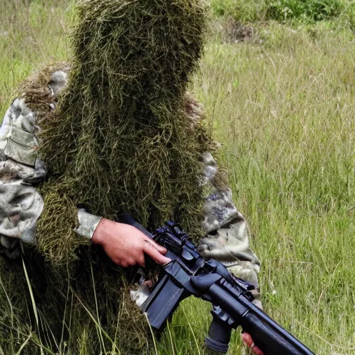 Image similar to a sniper in a ghillie suit in the bushes