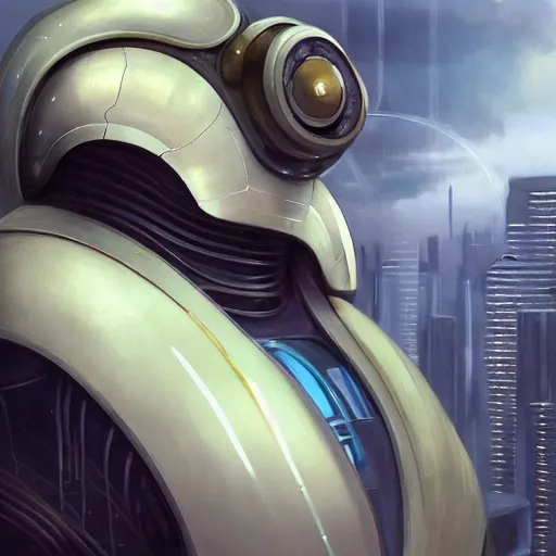 Image similar to beautiful delicate imaginative streamlined futuristic close up portrait of a tardigrade, sitting with elegant deadly looks, mechanical body on gold linings, smooth white and soft by ruan jia, tom bagshaw, alphonse mucha, krenz cushart, beautiful cyberpunk buildings in the background, epic sky, vray render, artstation, deviantart, pinterest, 5 0 0 px models