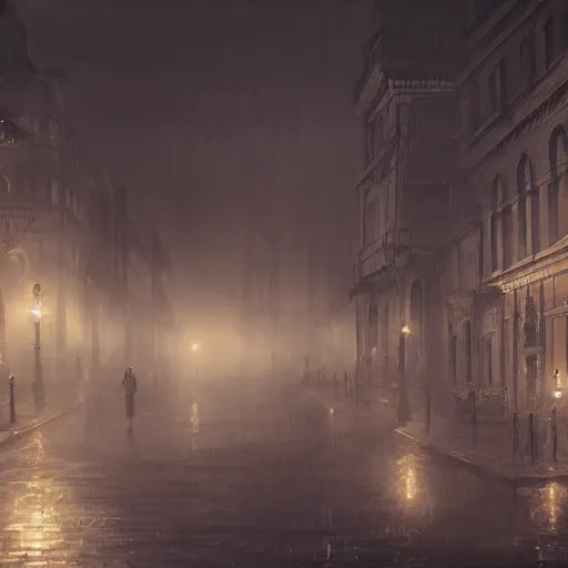 Image similar to victorian city, dark, misty, at night, 8 k, detailed, concept art, trending on artstation