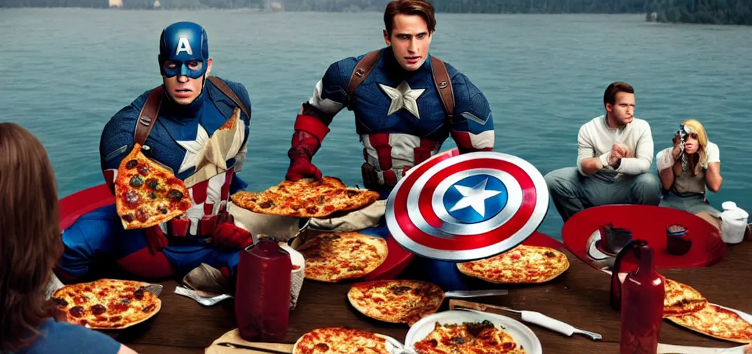 Image similar to a very high resolution image from a new movie. captain america eating pizza on a lake, photorealistic, photography, directed by wes anderson