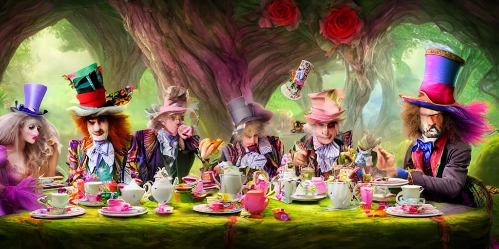 Image similar to The Mad Hatter teaparty, Alice in wonderland, colorful, wide angle, super highly detailed, professional digital painting, artstation, concept art, smooth, sharp focus, no blur, no dof, extreme illustration, Unreal Engine 5, Photorealism, HD quality, 8k resolution, cinema 4d, 3D, beautiful, cinematic, art by artgerm and greg rutkowski and alphonse mucha and loish and WLOP