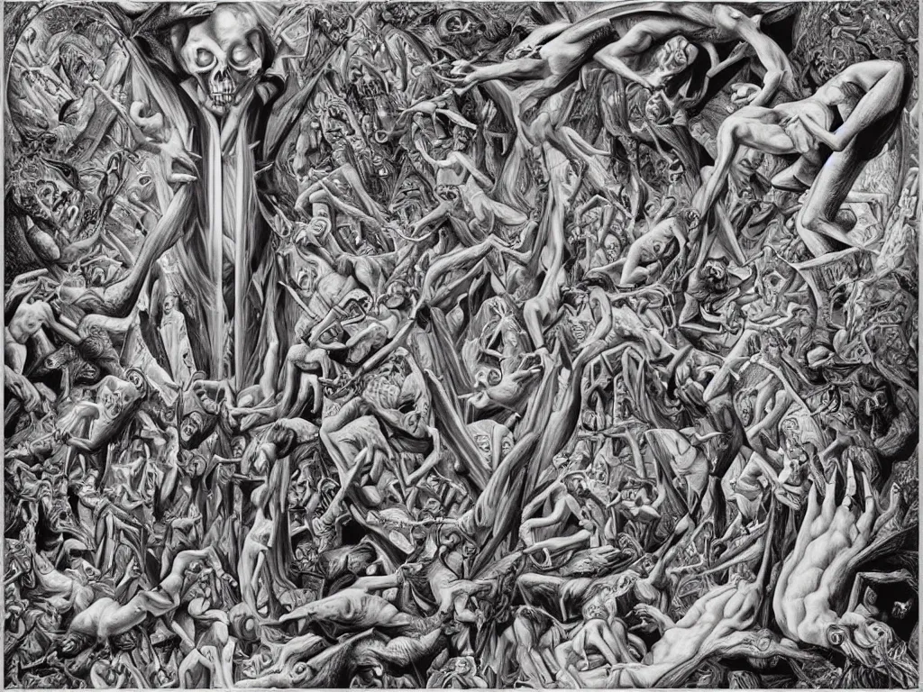 Image similar to transformation through death by Alex Grey and M. C. Escher collaboration