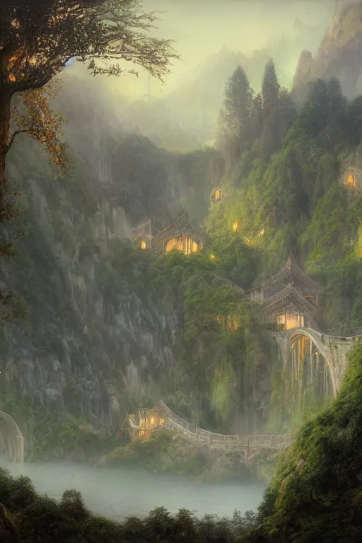 Image similar to Rivendell in the evening, detailed matte painting, cinematic, Alan Lee, Artstation