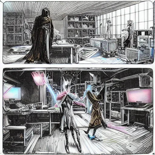 Image similar to you see a technomagical laboratory cluttered with computers and arcane components. in the middle of the room a technomancer wizard in robes whispers to his synthesized ai djinn. behind them is a large supercomputer. the room is lit with dayglow pink and blue dazzle camouflage patterns.