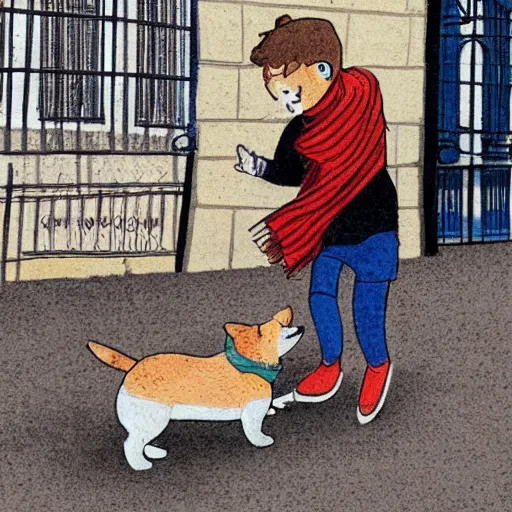 Image similar to illustration of boy playing football with his dog on the streets of paris and his dog happens to be corgi that wears a polkadot scarf