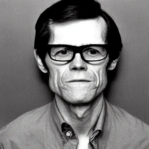 Prompt: 1970s of Mugshot Portrait of a middle aged old Willem Dafoe with glasses and no beard, with very short hair and a receding hairline, dressed in 1970s menswear, taken in the 1970s, photo taken on a 1970s polaroid camera, grainy, real life, hyperrealistic, ultra realistic, realistic, highly detailed, epic, HD quality, 8k resolution, body and headshot, film still, front facing, front view, headshot and bodyshot, detailed face, very detailed face