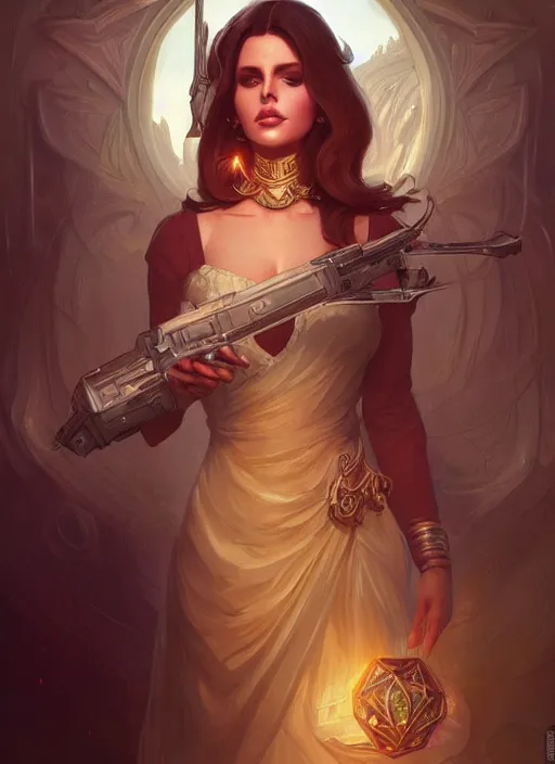 Image similar to beautiful humanoid android, lana del rey, d & d, fantasy, intricate, elegant, highly detailed, digital painting, artstation, concept art, matte, sharp focus, illustration, hearthstone, art by artgerm and greg rutkowski and alphonse mucha