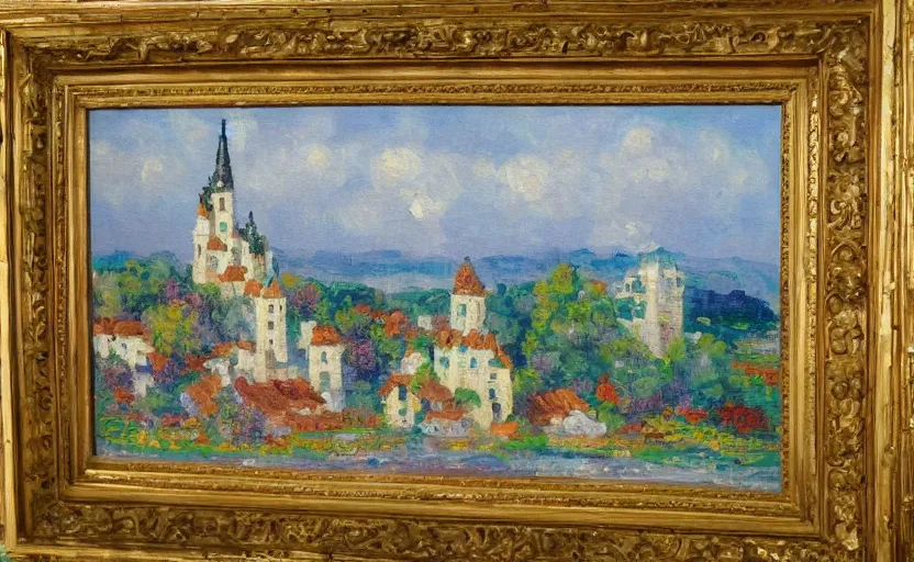 Image similar to a French impressionist oil painting of a lego castle