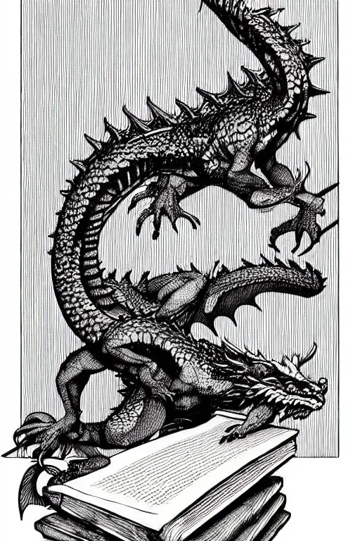 Prompt: hyper realistic dragon perched on a stack of books, white background, full frame, art by james o barr and albrecht durer, surreal woodblock print, black and white, vector, vector art