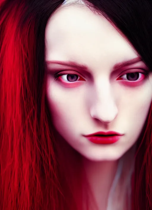 Prompt: portrait of a beautiful female face, pale, glass skin, long black hair, evil eyes. underwater photography, sharp focus, hyper realistic, dramatic lighing, gradient light red, 8 k