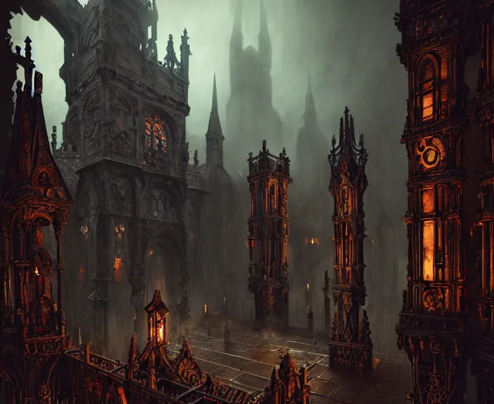 Image similar to steam necropolis, memento mori, gothic, neo - gothic, art nouveau, hyperdetailed copper patina medieval icon, stefan morrell, philippe druillet, ralph mcquarrie, concept art, steampunk, unreal engine, detailed intricate environment, octane render, moody atmospherics, volumetric lighting, ultrasharp, ominous, otherworldly