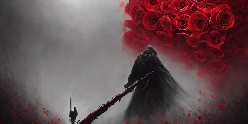 Image similar to poster style, a beautiful and terrifying painting with high details of a panoramic view of a reaper holding a long sickle, with red fluid white roses in the foreground, movie atmosphere, movie lights, 8 k, light effect, rtx on, trending on artstation, by kilian eng, lee madgwick, bastien lecouffe - deharme