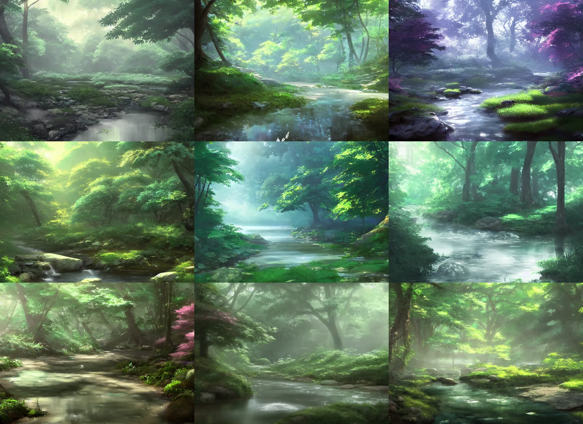 Prompt: a serene babbling brook in a tranquil misty forest, anime, lush trees, a fantasy digital painting by makoto shinkai, trending on artstation, highly detailed