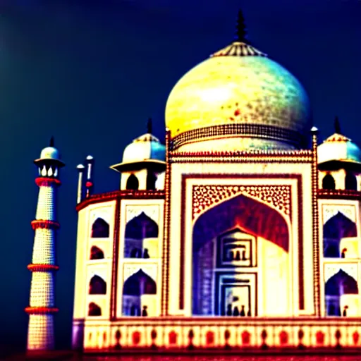 Image similar to taj mahal made of rainbow coloured marble, ultra photorealistic, octane render, vray render, raytraced, 4 k, highly detailed, hyperrealistic, depth of field, cinematic