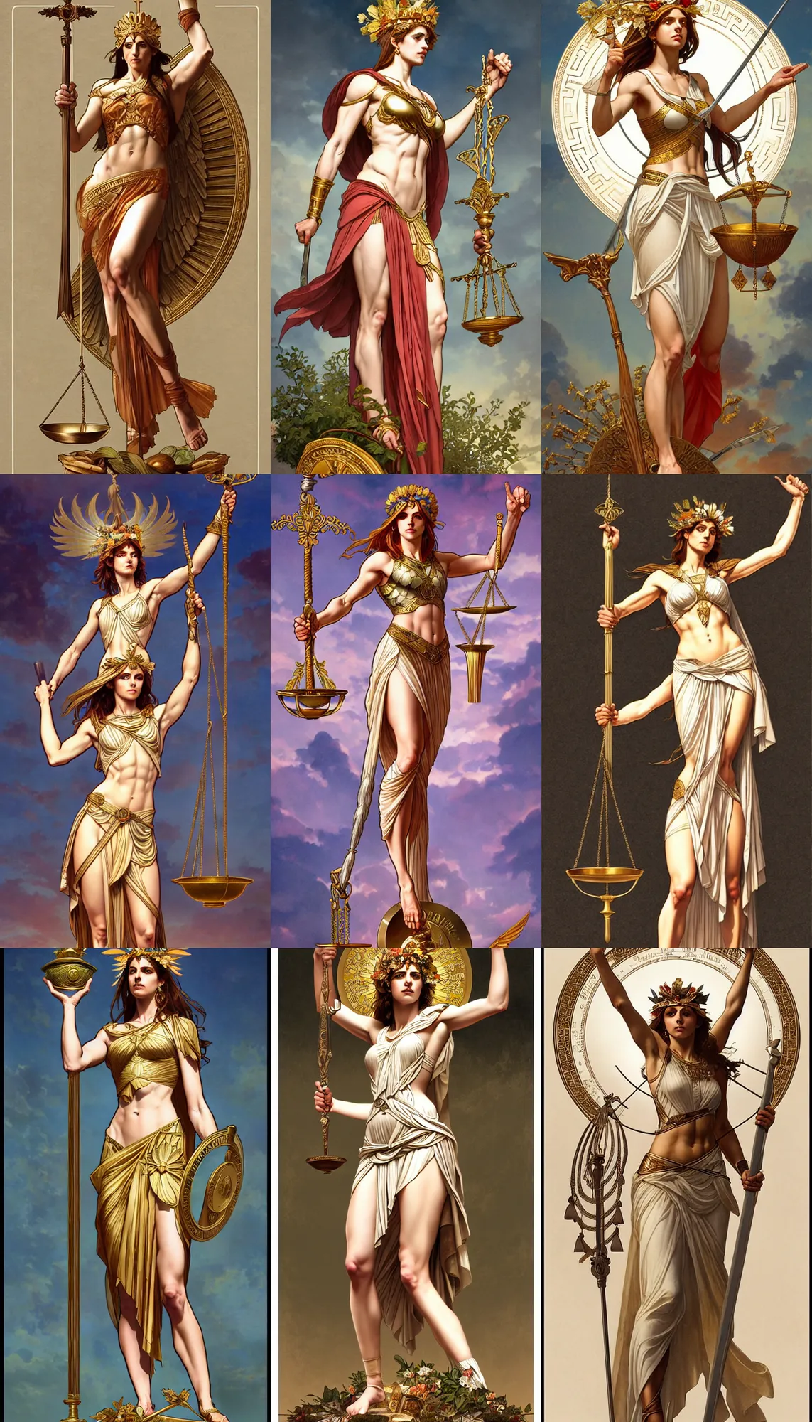 Prompt: a full body portrait of themis the greek goddess, holding the scale of justice!! wearing a laurel wreath, extremely beautiful, precise anatomy, by artgerm and by greg rutkowski and by alphonse mucha and by simon bisley, radiant light, detailed and intricate environment