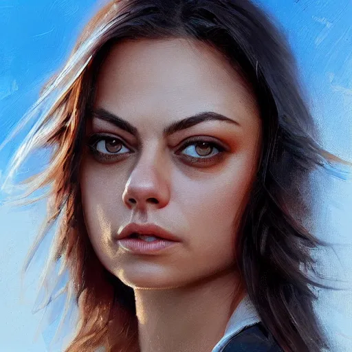 Image similar to winking mila kunis closeup portrait, dramatic light, lake background, 2 0 0 mm focal length, painted by stanley lau, painted by greg rutkowski, painted by stanley artgerm, digital art, trending on artstation