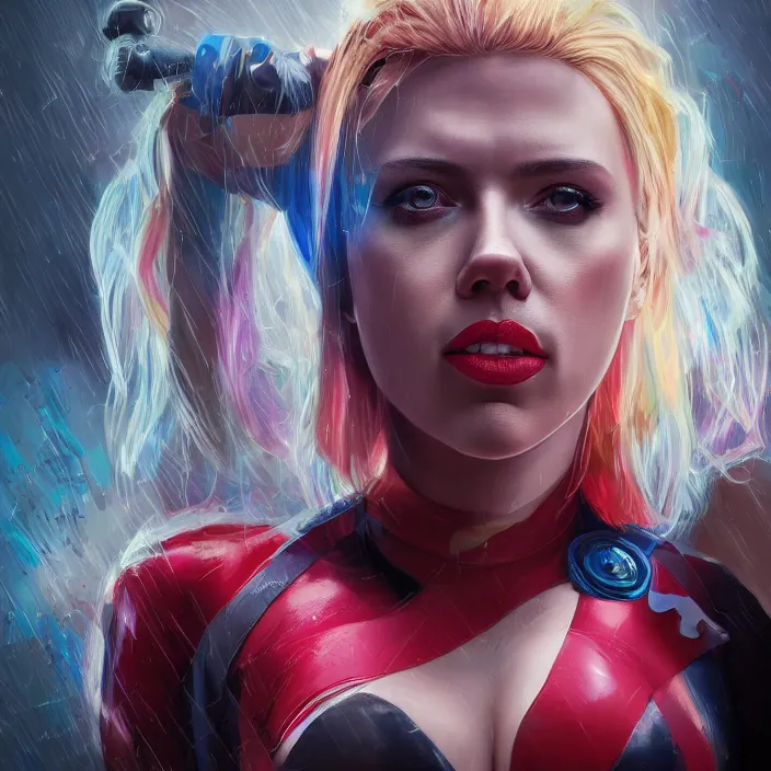 Image similar to portrait of scarlett johansson as a harley quinn. intricate abstract. intricate artwork. by Tooth Wu, wlop, beeple, dan mumford. octane render, trending on artstation, greg rutkowski very coherent symmetrical artwork. cinematic, hyper realism, high detail, octane render, 8k, iridescent accents