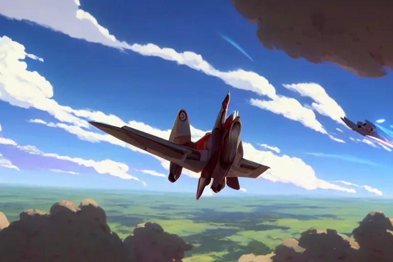 Image similar to a wholesome animation key shot of!! one!! focused!! fighter!! jet!!, in clear skies, wide shot, studio ghibli, pixar and disney animation, sharp, very detailed, high resolution, rendered in unreal engine 5, anime key art by greg rutkowski, bloom, dramatic lighting