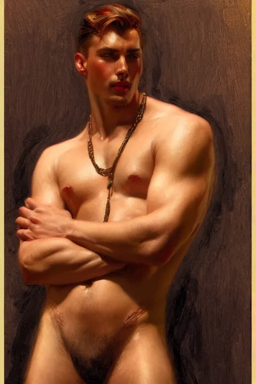 Image similar to attractive male, cloisonnism, character design, painting by gaston bussiere, craig mullins, j. c. leyendecker, tom of finland