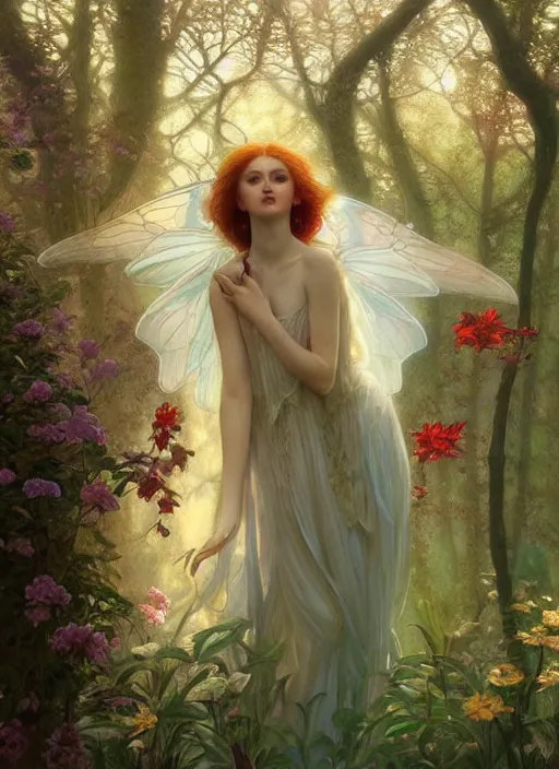 Image similar to hyper realist matte digital painting of a beautifyl fairy, resembling lily cole, in a sunlit clearing, flowers, fairytale, fantasy art, photo realistic, dynamic lighting, artstation, volumetric lighting, by mucha, by charlie bowater, by karol bak, by alma tadema