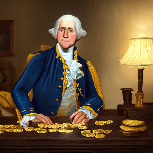 Image similar to a closeup photorealistic photograph of a happy George Washington inspecting small gold Doubloon coins at his home on Cherry Street. This 4K HD image is Trending on Artstation, featured on Behance, well-rendered, extra crisp, features intricate detail and the style of Unreal Engine.