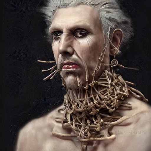 Image similar to portrait of a Shibari S&M barbed wire wrapped face and neck, headshot, insanely nice professional hair style, dramatic hair color, digital painting, of a old 17th century, old cyborg merchant, amber jewels, baroque, ornate clothing, scifi, realistic, hyperdetailed, chiaroscuro, concept art, art by Franz Hals and Jon Foster and Ayami Kojima and Amano and Karol Bak,