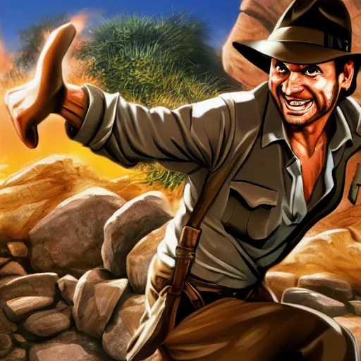 Image similar to Indiana Jones being chased by a boulder trap underground, boulder chase, inside ancient stone temple background, Indiana Jones running away from big round stone, raiders of the lost ark, detailed background, anime key visual